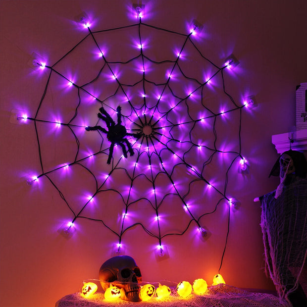 3.28FT Spider Web Light With Hairy Spider 70LED Battery Powered Remote Control 8 Lighting Modes Glowing Outdoor Indoor Wall Halloween Decoration