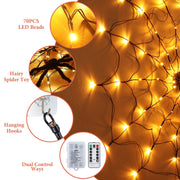 3.28FT Spider Web Light With Hairy Spider 70LED Battery Powered Remote Control 8 Lighting Modes Glowing Outdoor Indoor Wall Halloween Decoration
