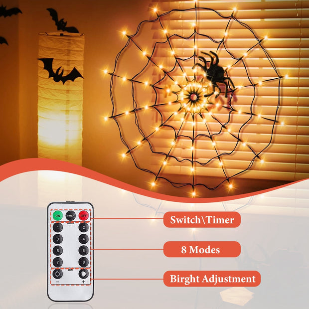3.28FT Spider Web Light With Hairy Spider 70LED Battery Powered Remote Control 8 Lighting Modes Glowing Outdoor Indoor Wall Halloween Decoration