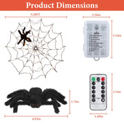 3.28FT Spider Web Light With Hairy Spider 70LED Battery Powered Remote Control 8 Lighting Modes Glowing Outdoor Indoor Wall Halloween Decoration