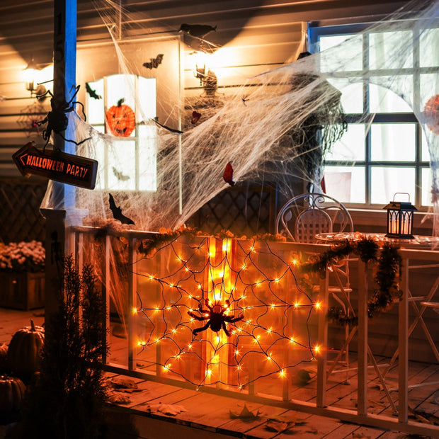 3.28FT Spider Web Light With Hairy Spider 70LED Battery Powered Remote Control 8 Lighting Modes Glowing Outdoor Indoor Wall Halloween Decoration